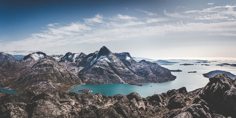 Greenland nature mountain landscape aerial drone photo showing amazing greenland landscape near...