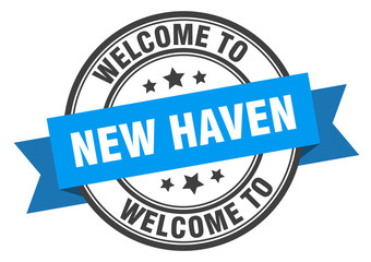 New Haven stamp. welcome to New Haven blue sign