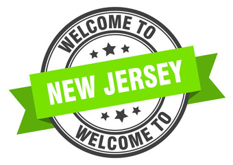 New Jersey stamp. welcome to New Jersey green sign
