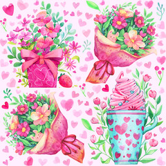 Pattern flowers gifts cocktail hearts pink delicious valentines day love illustration seamless
