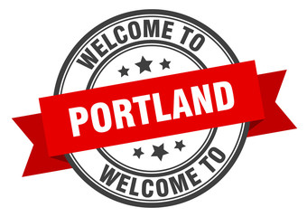 Portland stamp. welcome to Portland red sign