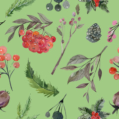 Beautiful seamless pattern in watercolor style paper, paint, brush - branches with rowan