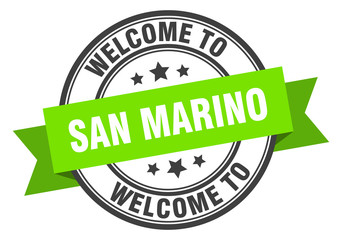 San Marino stamp. welcome to San Marino green sign