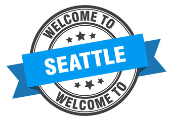 Seattle stamp. welcome to Seattle blue sign