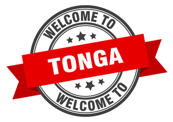Tonga stamp. welcome to Tonga red sign