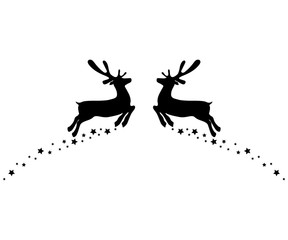 Two reindeers jump to each other with stars isolated on white