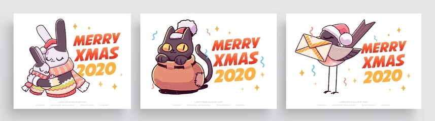 New Year 2020 And Christmas Greeting Card collection. Cute holiday themed Characters and situations