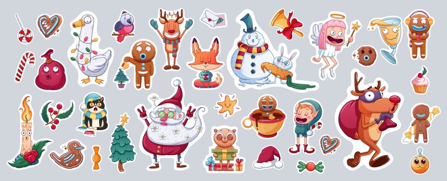 Set of Merry Christmas and Happy New Year stickers or magnets. Festive souvenirs.