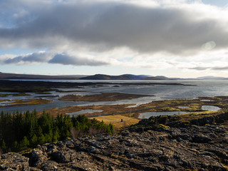 View over the Þingvallavatn, the largest natural lake in Iceland from the visitor center. Þingvellir National Park, Iceland.