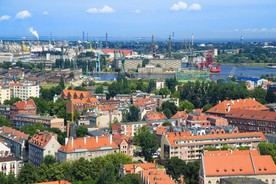 The Panorama view on Gdansk City from the TOP point. View on Docking Sea port.