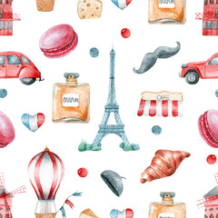 Watercolor pattern about Paris with the Eiffel Tower and the symbols of France