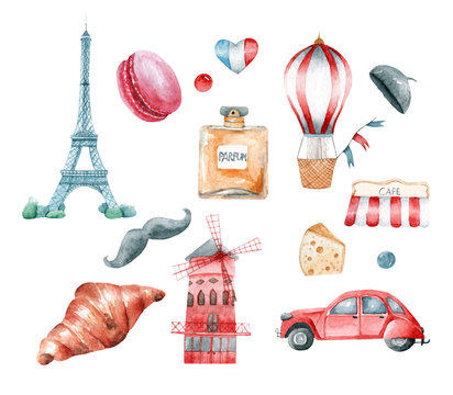 Paris set of watercolor illustrations with symbols of France.
