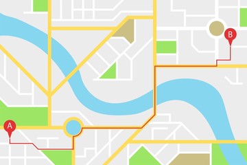 Obraz premium City street map plan with GPS pins and navigation route from A to B point markers. Vector gray color illustration schema