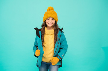 Winter vacation. Protective clothes. Winter collection. Child wear hat gloves jacket. Active...