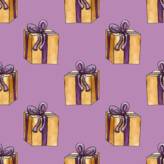 set of watercolor elements, spruce branches, balls, gifts, heart, star, fox, dog, bullfinch, cupcake, hat, sock. seamless pattern