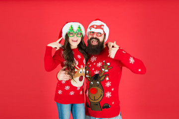 Happy family. Small girl and cheerful father man. Party accessories. Family wear winter sweaters. Having fun. Christmas memories. Family values. Dad and daughter celebrate new year. Family holiday