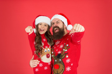 Fototapeta premium Winter holidays. Cheerful christmas to all. Greetings. Sincere emotions. Christmas tradition. Father hug little daughter. Small child with dad celebrate christmas. Family values. Magical time of year