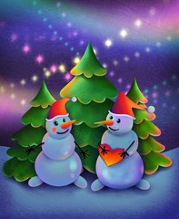 snowman winter christmas card tree poster illustration valentine love couple 