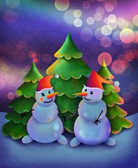 snowman winter christmas card tree poster illustration valentine love couple 