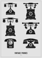 Vintage phones isolated on light grey background. Vector image.