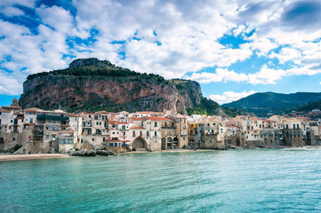 Fototapeta na wymiar Cefalu. Ligurian Sea and old town-medieval sicilian city