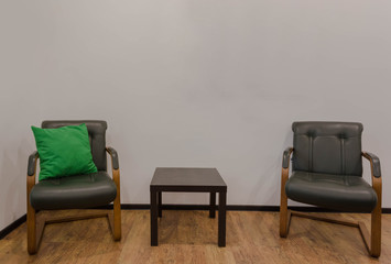 two armchairs and a green cushion in the interior