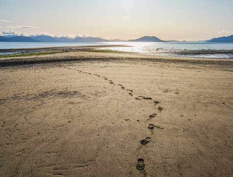Footprints in beach sand with an ocean view