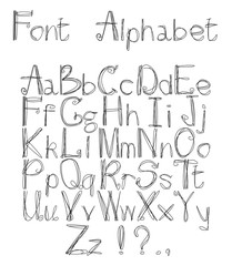 Vector illustration with alphabet drawn using multiple lines. There are punctuation marks. It can be used to compose texts in advertisements, postcards, banners, web design, printing products, etc.