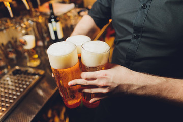 Waiter serving glasses of cold beer on the tray.