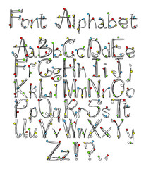 Vector illustration with alphabet drawn using multiple lines, decoration with holiday lights. There are punctuation marks. It can be used to compose texts in advertisements, postcards, web design, etc