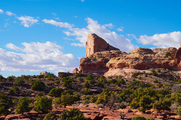 A towering red rock vertical faced cliff in the heart of Canyonlands National Park in Utah.