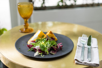 Omelette with Lettuce Salad. Breakfast in Garden