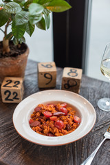Red Fusilli Pasta with Sausages, Fresh Tomatoes and Tomato Sauce