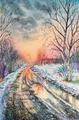 Watercolor fantastic winter landscape during sunset. Beautiful winter, spring landscape. The snow melts. Vertical background with a copy space. Suitable for greeting cards, banners and posters. 