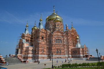 Obraz premium restored Holy Cross Cathedral of the Belogorsky monastery, close-up view from the south-west side