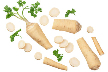 fresh parsley root with slices isolated on white background. top view
