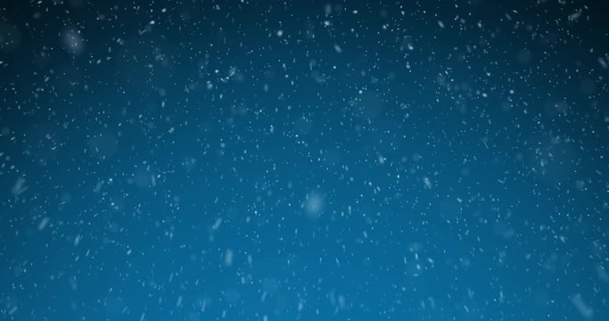 Beautiful realistic snow falling on abstract blue night sky background. Copy space animation.