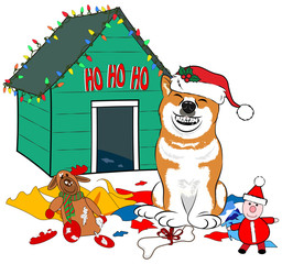 Dog, Shiba Inu, with a big smile showing all its teeth, wearing a Santa Hat, surrounded by toys and torn wrapping paper, sitting in front of a dog house with a sign 