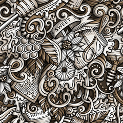Cartoon cute doodles hand drawn Honey seamless pattern