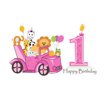 First birthday car with animals background. Pink car. Baby Girl. Birthday card