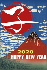 子年の年賀状　「赤富士」と「子の文字」と「HAPPY NEW YEAR」
