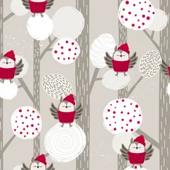 Wall murals Christmas motifs Seamless abstract Christmas pattern with cartoon owls and trees. Vector winter forest background.