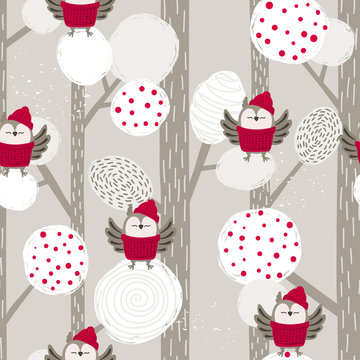 Seamless abstract Christmas pattern with cartoon owls and trees. Vector winter forest background.