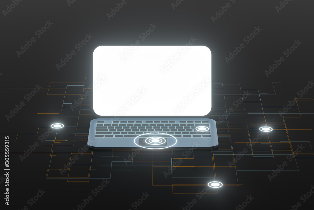 Sticker Laptop with black background, technological concept, 3d rendering.