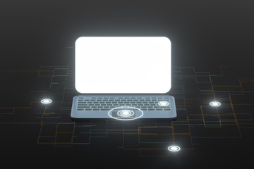 Laptop with black background, technological concept, 3d rendering.