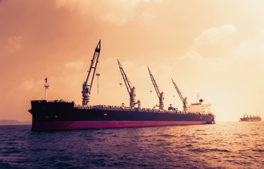Fototapeta premium cargo ship in the sea at sunset