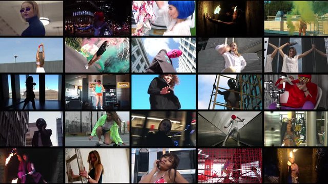 Collage of mixed people of different races and hobbies. Many different people: dance, go in for sports, are fond of creativity and non-standard behavior. Many Young interesting people in one video.