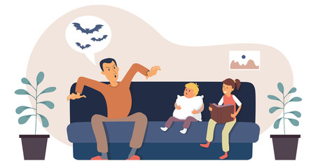 Young father tells a scary story to children. Cartoon character design. Flat vector illustration eps 10