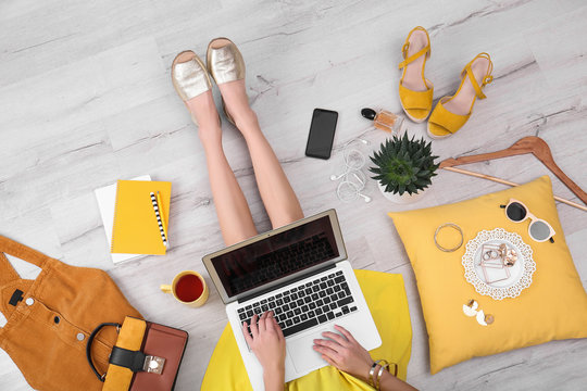 Fashion Blogger With Laptop Sitting On Floor, Top View