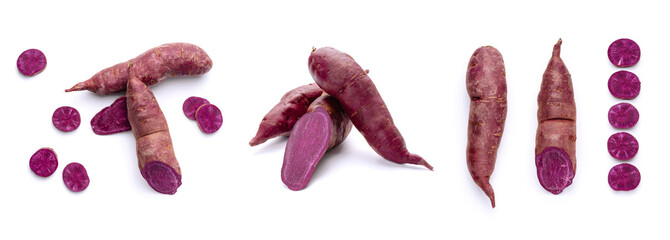Sweet Potato Purple Raw Tuber Cut Out Set Isolated on White Background. Bio Ipomoea Batatas Sliced...